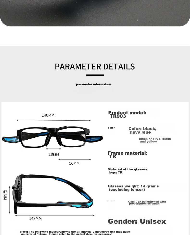 Cuntiandaofu Basketball Glasses, Anti-Blue Light Glasses, Outdoor Sports Protective Goggles, Non-Prescription Glasses, Black Frame with Blue Temple + Sports Nose Pads 14