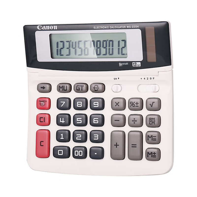 Canon WS-220H Calculator, 12-Digit Display, White, Dual Power Supply, High Precision, for Student Exams And Office Use, Adjustable Screen, Business Portable
