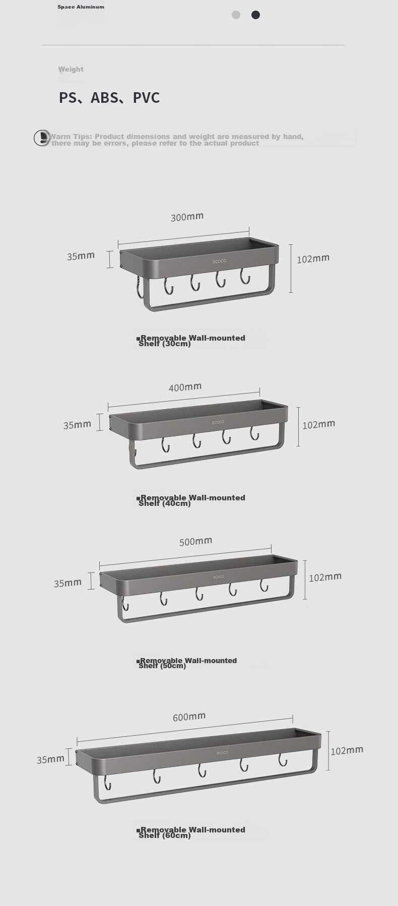Ecoco Bathroom Storage Rack, No Drilling Required, Space Aluminum, 40cm Strong Load-Bearing, Rust-Resistant Wall-Mounted Bathroom Shelf 12