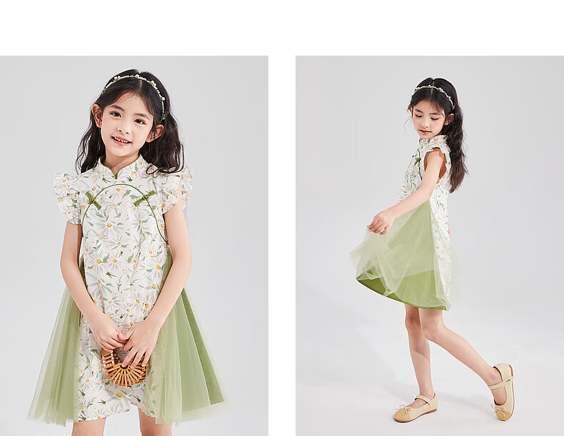 DEESHA Girls' 2025 Summer Printed Mesh Hanfu Qipao, Green Floral Print, Size 90 15