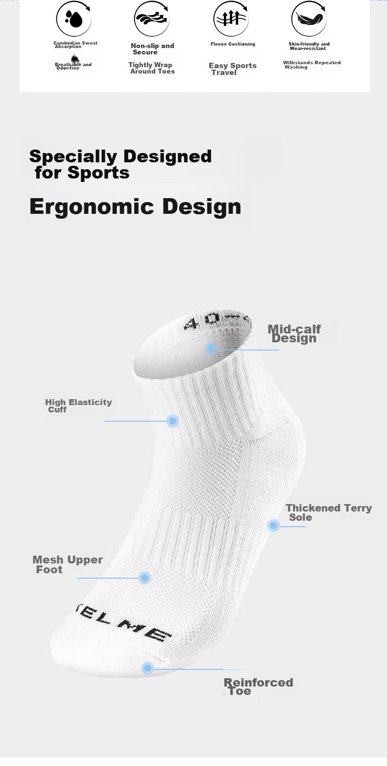 KELME Sports Socks (3 Pairs), Autumn And Winter Warm Sweat-Absorbing Mid-Calf Socks, for Basketball, Badminton, Running, Breathable Casual Socks 3