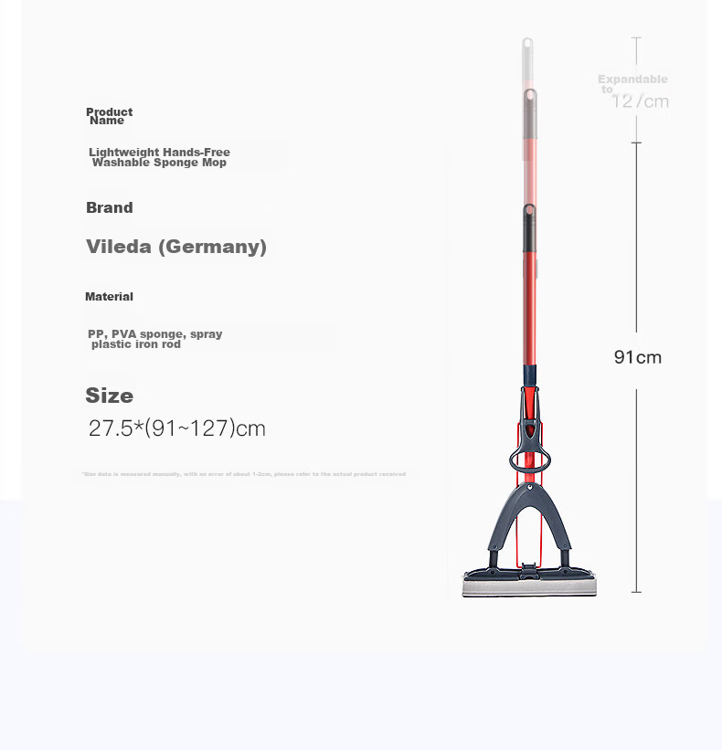 Weilida 28cm PVA High-Density Sponge Mop Head with 1 Handle and 2 Cloths Foldable Hands-Free Cleaning Mop 28