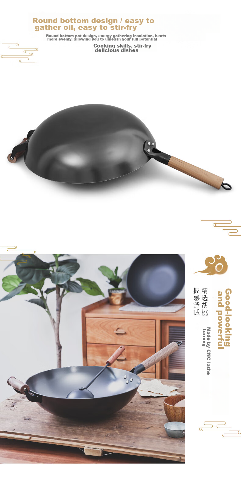 Dianjiang Uncoated Cast Iron Wok for Home Use, Enlarged Deep Round Bottom Iron Frying Pan, Non-Stick Gas Stove Pan, 34cm Single Handle Stir-Fry Pa 4