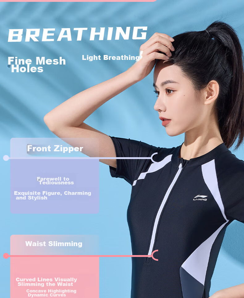 Li-Ning Women's Professional One-Piece Conservative Boyshort Swimsuit, Tummy-Covering Slimming Casual Training Hot Spring Swimwear 506 Gray Blue L 4