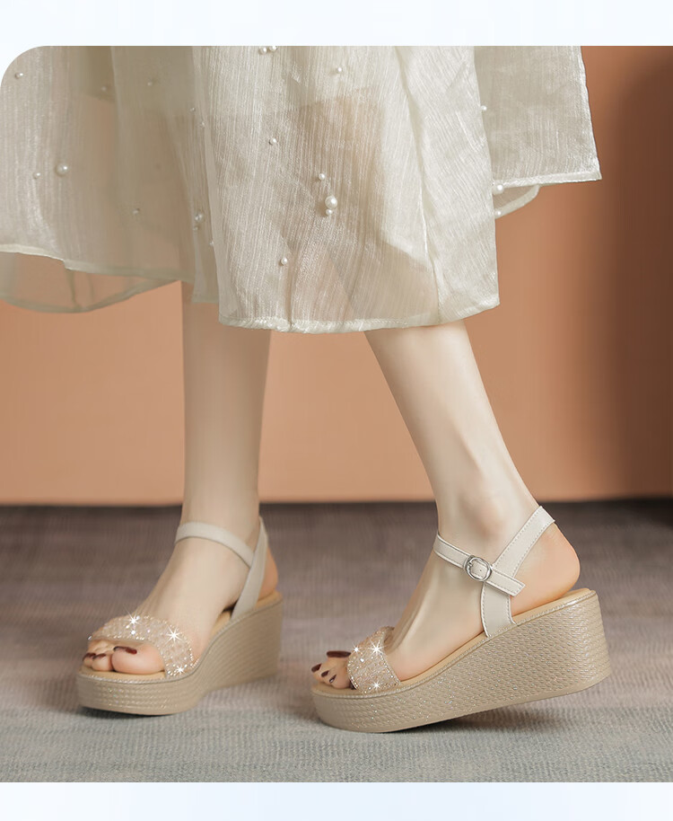 ZHR Women's Sandals, Summer Height-Increasing Soft-Soled Wedge Sandals, Comfortable Buckle Strap Women's Shoes, M582, Beige, Size 37 11