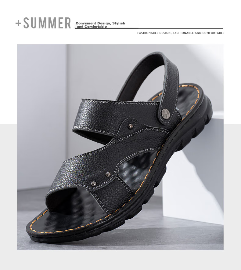 MEXICAN Top-Grain Leather Sandals for Men, Beach Shoes, Men's Slippers, Hollow-Out Casual Men's Shoes, Black, Size 44 4