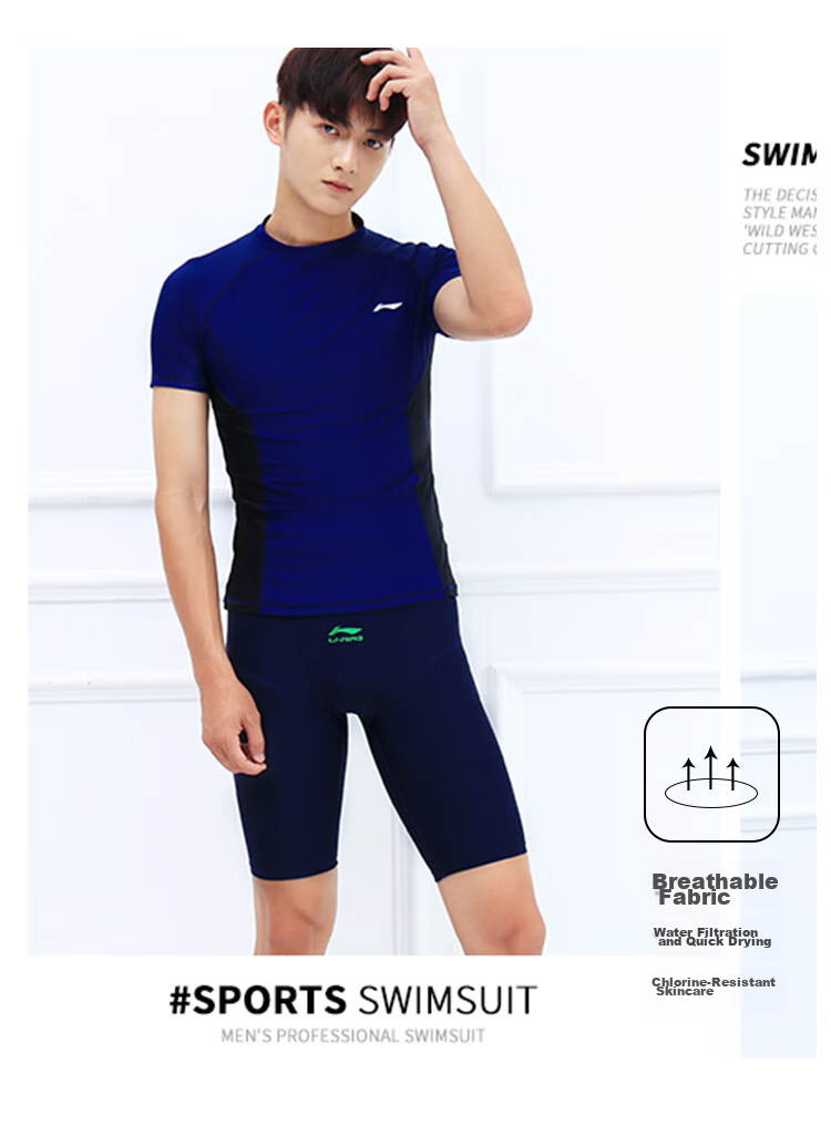 LI-NING Men's Swimwear Top Surfing Shirt Comfortable Quick-Dry Diving Professional Training Swimming Gear 437-2 Black Blue L 5