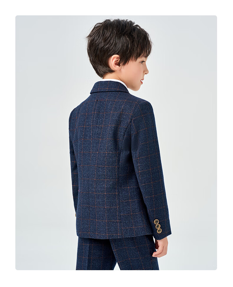 Luomeng Children's Suit Set, Flower Boy Host Formal Wear, Boys' First Birthday Piano Performance Outfit, Navy Blue And Yellow Plaid, Size 120 19