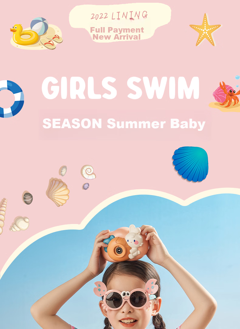 Li-Ning Children's Swimsuit, Girls' One-Piece Swimwear, Square-Leg Short-Sleeve Cartoon Swimming Training 720, Red Floral, Size 130 2