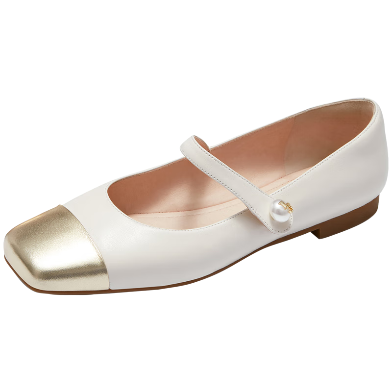 Le Saunda 2025 New Ballet-Inspired Low-Heel Mary Jane Women's Flats 14601, Beige + Light Gold OWK, Size 36