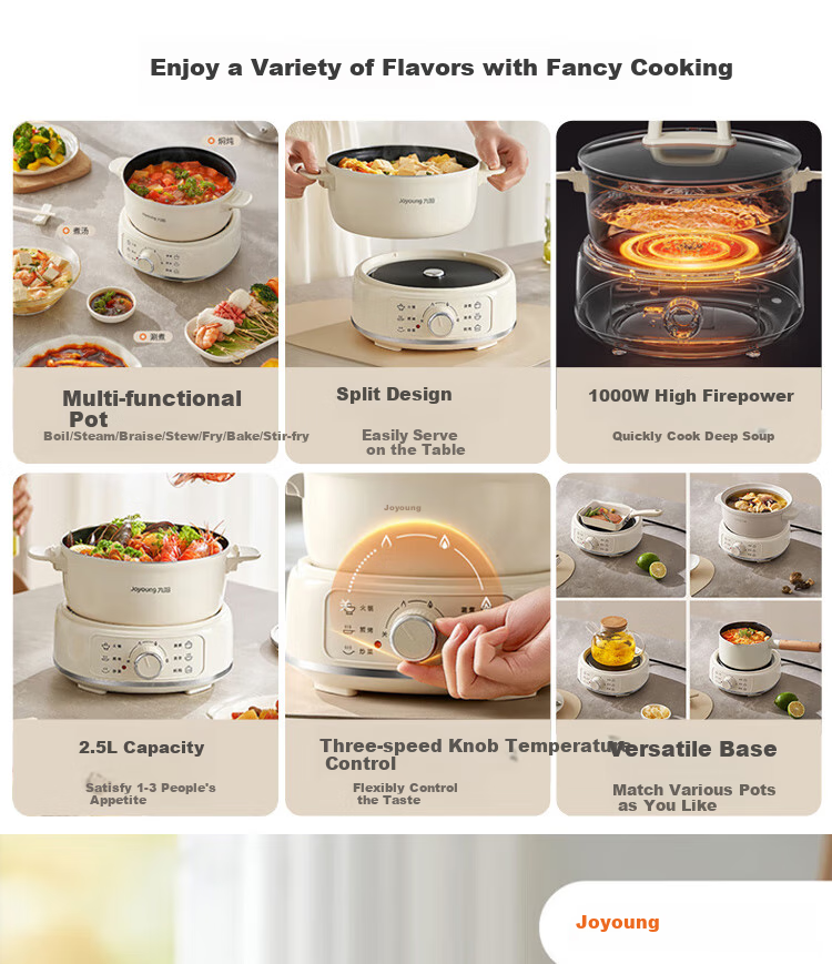 Joyoung Multifunctional Small Cooking Pot, 2.5L Detachable Electric Hot Pot, Non-Stick Coating, Student Dormitory Electric Hot Pot HG25-G211S with Steamer 1