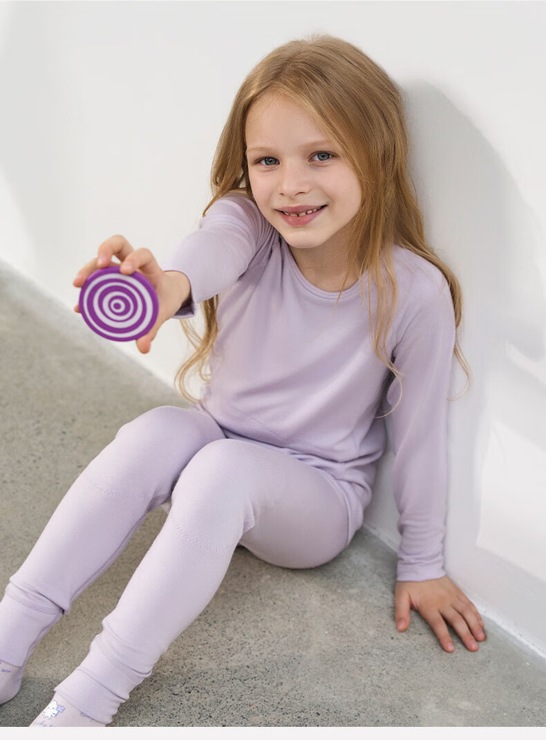Aimer Kids Extra Warm Moisture-Wicking Thermal Underwear for Girls, Double-Layer Belly And Neck Protection, Purple Autumn Top, Size 140 9