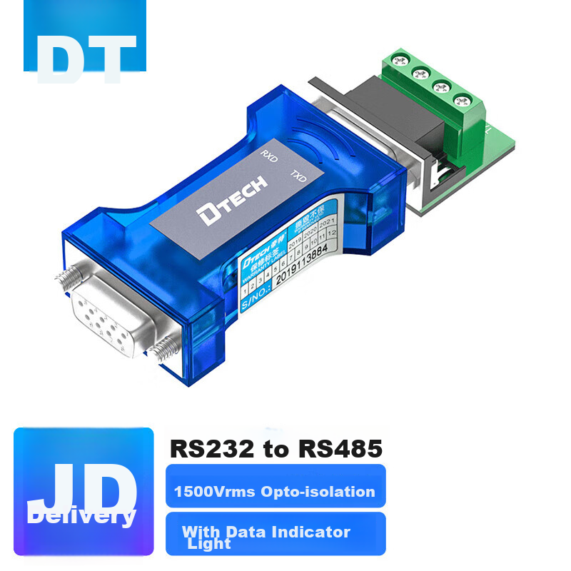 DTECH Passive RS232 to RS485 Converter, Optical Isolation Type, with Indicator Light, Industrial Grade, 9-Pin Serial Bidirectional Communication Protocol, Lightning Protection Converter, DT-9015