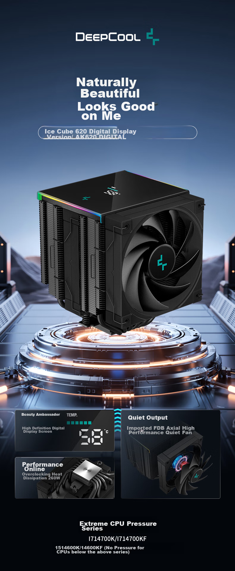 DEEPCOOL AK500S Youth Digital Display Edition White 5 Heat Pipe Air Cooler (Smart Large Screen Temperature Display/FDB Quiet Fan/Compatible with 9900X3D and Below) 1