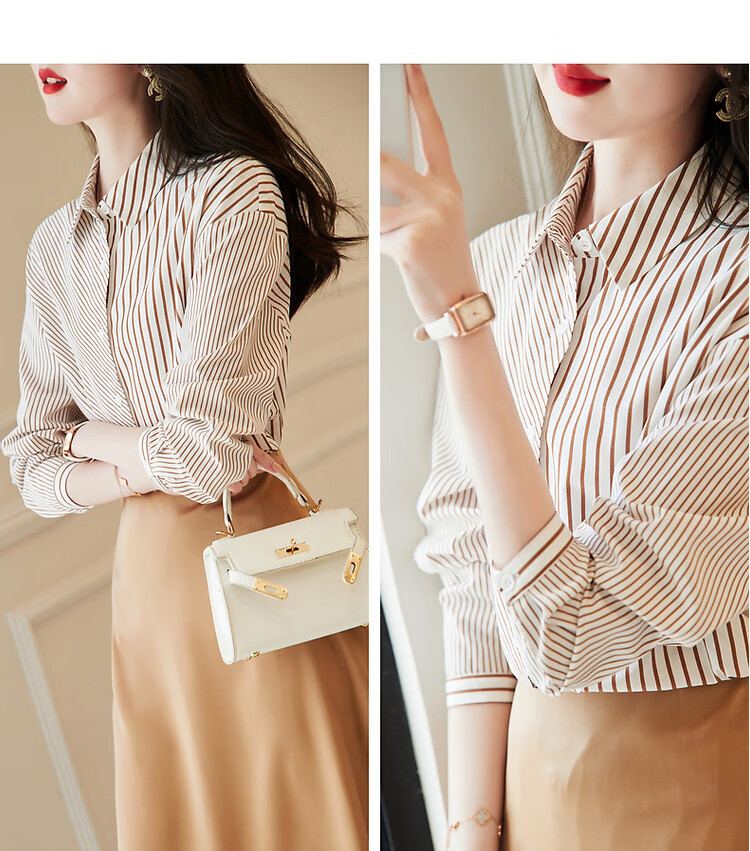 Dme [Stylish Intellectual] Spring And Autumn Free Simple Striped Patchwork Shirt, Comfortable Cotton-Blend Slimming Blouse 15