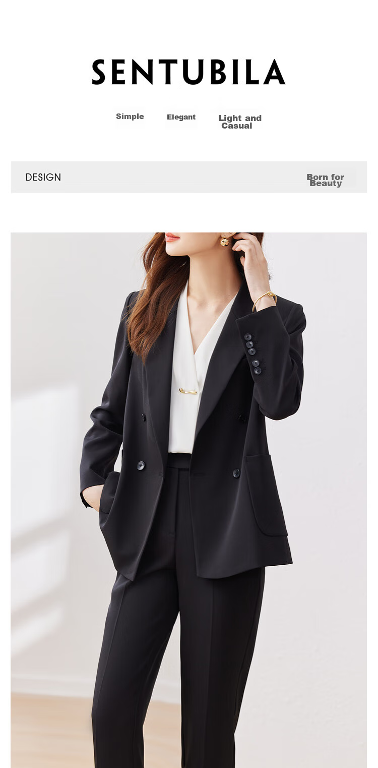 Sentubila Formal Professional Suit Set for Women, Spring And Autumn Elegant Blazer Jacket with Cropped Pants Two-Piece Set, Black, Size S 1