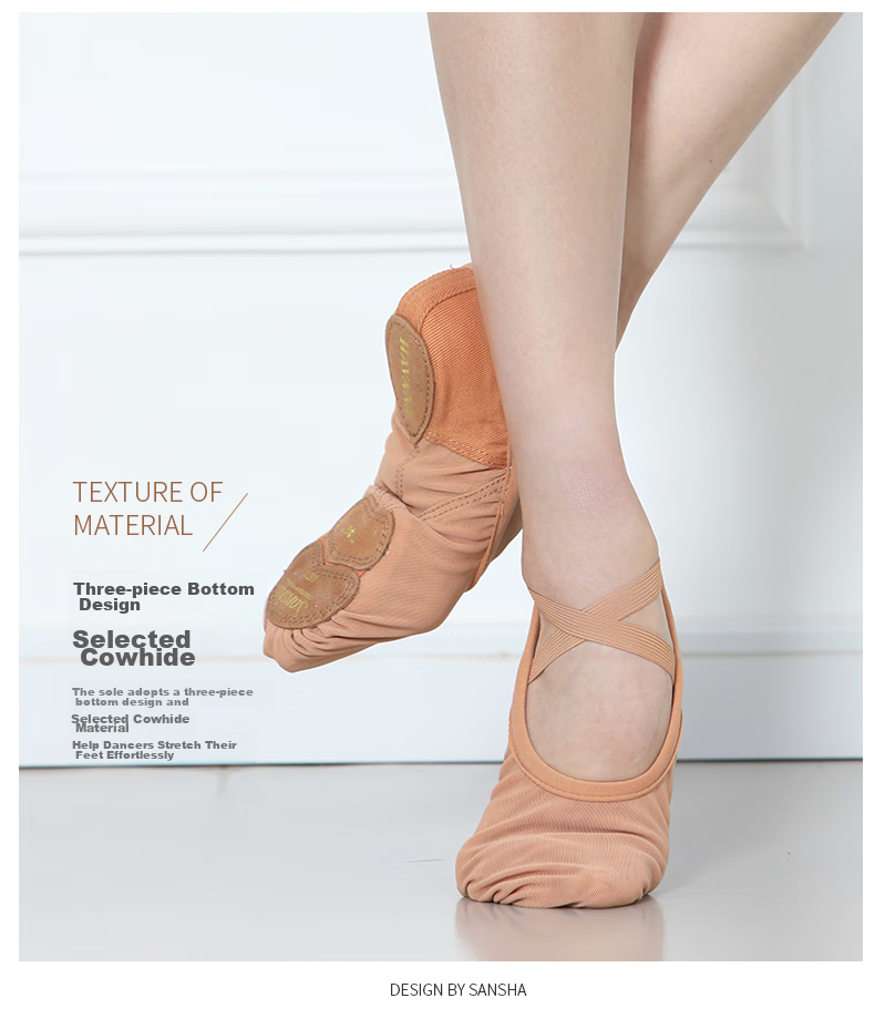 Sansha Adult Ballet Practice Shoes, Elastic Mesh with Leather Sole, Cat Paw Shoes, Dance Soft Shoes, Breathable, 357X Meat Size 40 5