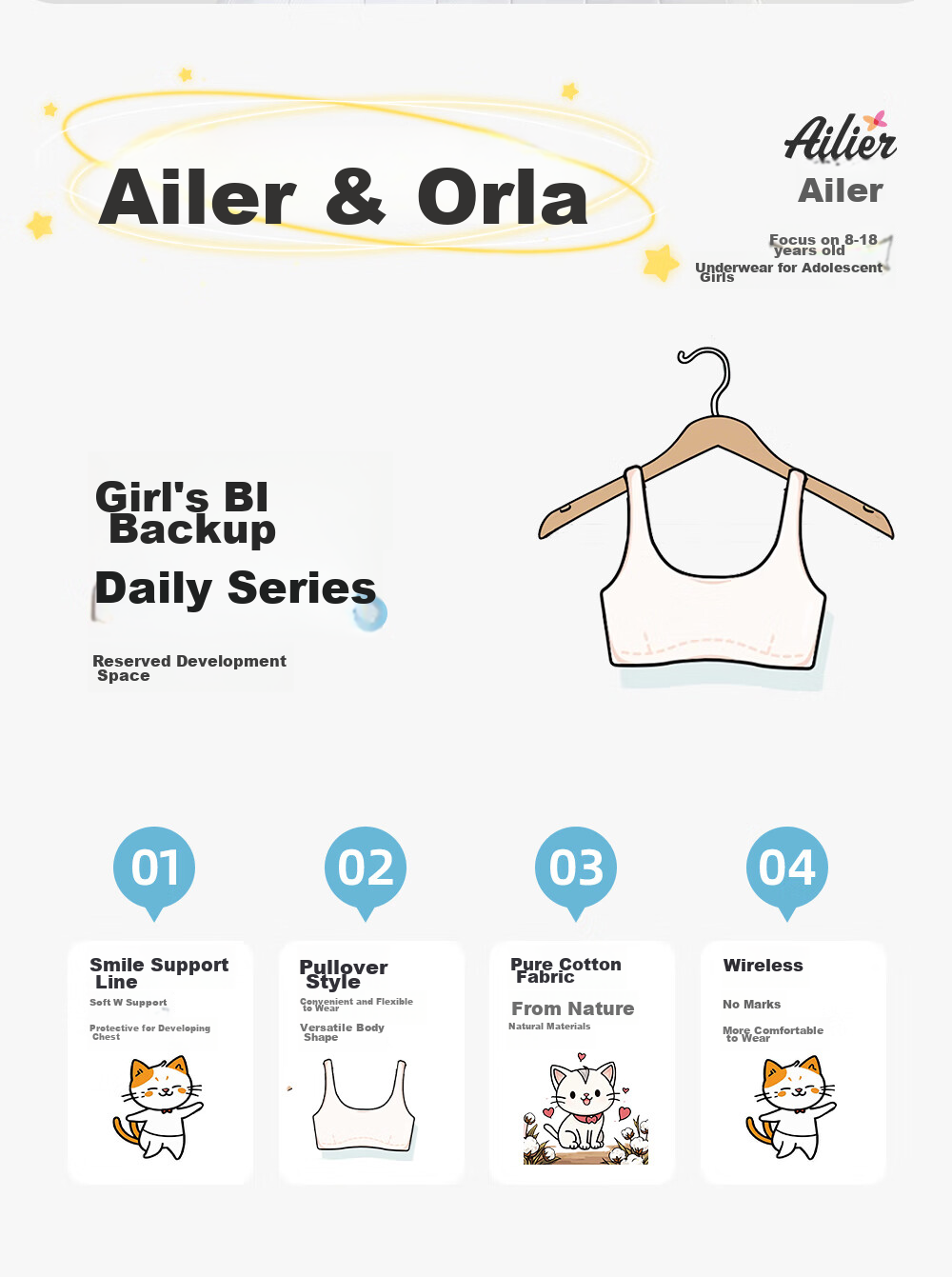 Ailier &ouluola Teenage Bra for High School Girls, Puberty Bra for 16-18 Year Olds, Three-Stage Pure Cotton Girls' Brassiere 75B 3