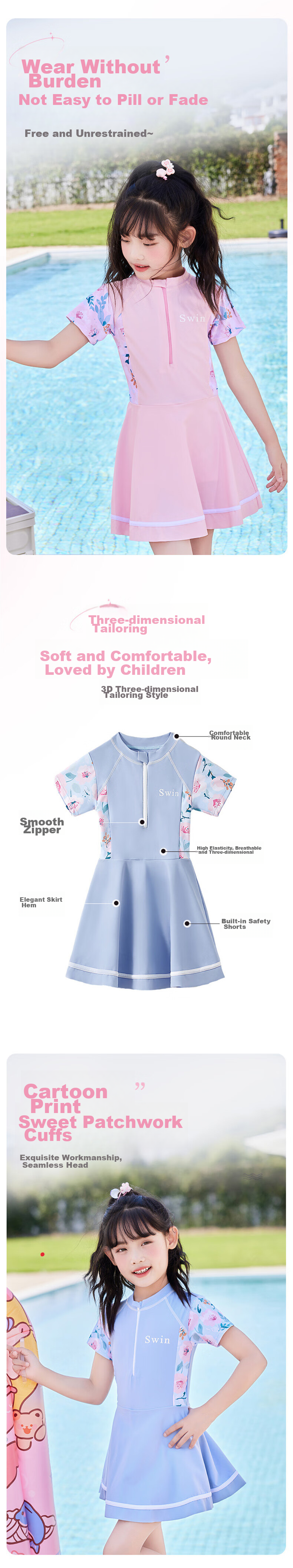 Babyprints Children's Swimsuit One-Piece Swimwear for Girls, Quick-Dry Training Suit for Older Kids, Suitable for Hot Springs, Blue, Size L 2