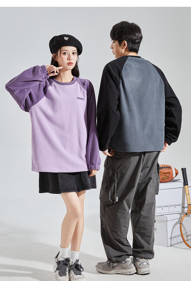 TonLion 2023 Couple's Matching Round Neck Raglan Sleeve Fleece Sweatshirt, Men's Style/black, S 11