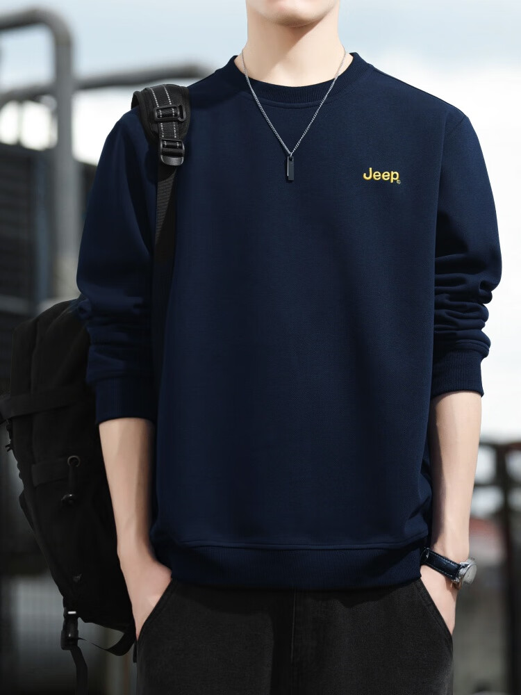 JEEP Sweatshirt for Men, Loose Embroidered Crew Neck Long-Sleeve T-Shirt, Casual Sportswear for Men's Clothing 102, Navy Blue, Size L 10