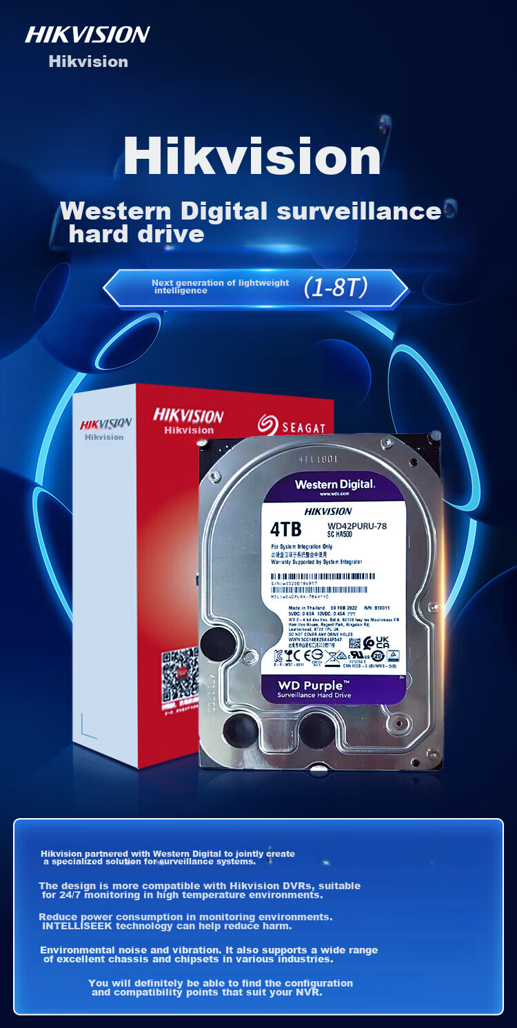 HIKVISION Surveillance Hard Drive, 4TB Western Digital Purple Mechanical Hard Drive, Security Video Recorder Dedicated, 5400 RPM to 64MB SATA 6Gb/second 1