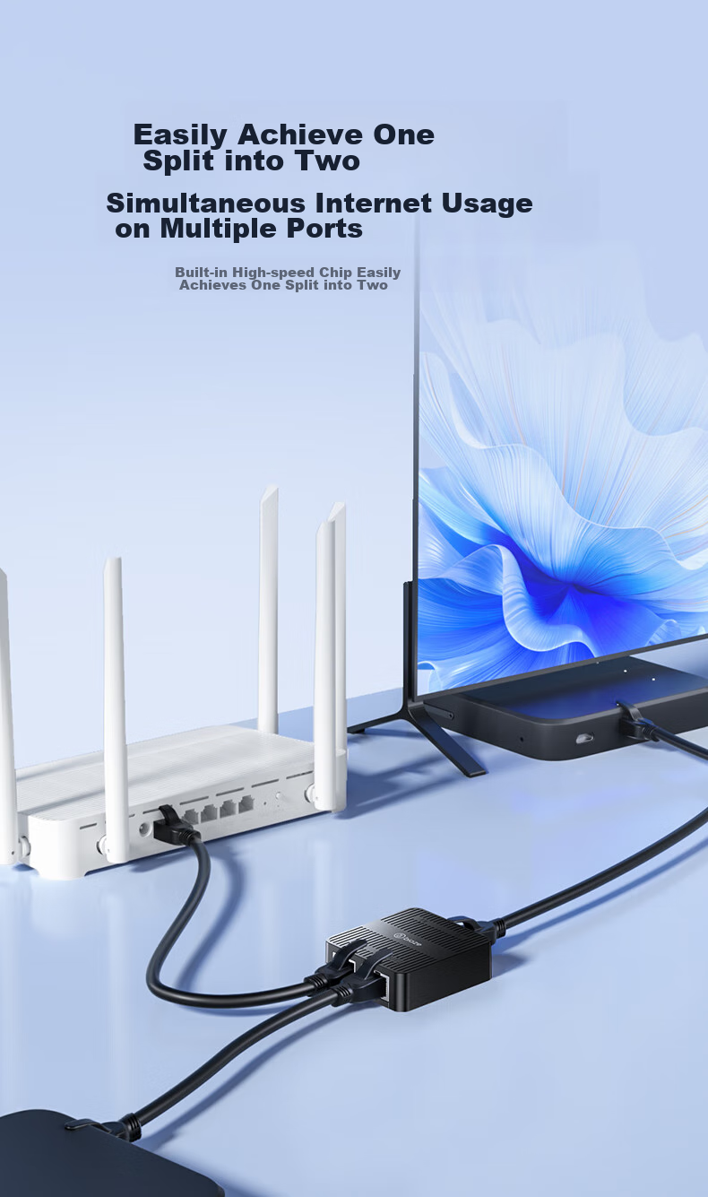 BIAZE Network Cable Splitter Two-In Gigabit Network Extender Simultaneous Internet Connection RJ45 Network Extension Connector Three-Way Head Broadband Router Interface Splitter 4