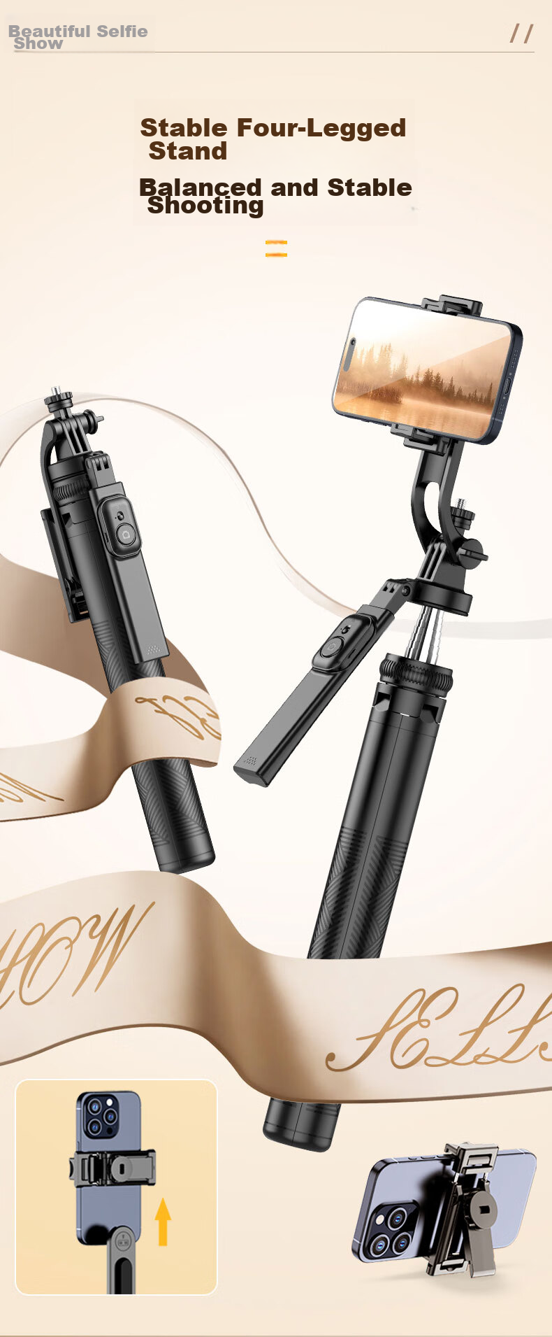SelfieShow [Newly Upgraded Ultra-Stable 1.8-Meter Four-Legged Stand] Selfie Stick, Floor-Standing Anti-Shake, 360° Rotation, Multifunctional Outdoor Live Streaming Selfie Vlog Tool, Suitable for DJI Pocket 3 1