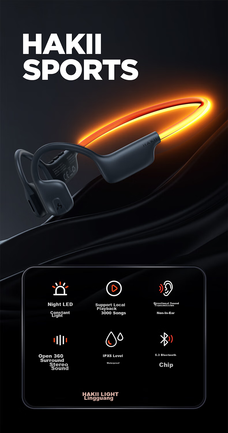 Hakii LIGHT Wireless Bluetooth Earphones Open-Ear Sports Running Glow Waterproof Sweatproof Bone Conduction Upgraded Air Conduction Long Battery Life Built-in 32GB Memory 2