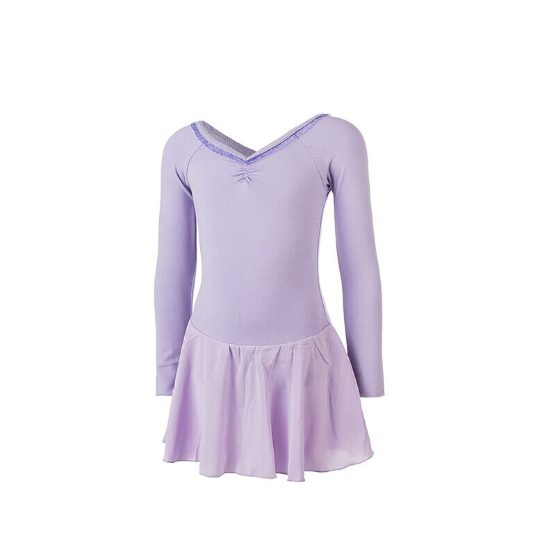 Sansha Children's Long-Sleeve Dress Bodysuit, Chiffon V-Neck Lace Ballet Leotard, Practice And Performance Costume, 51AF0002, Light Purple, XL