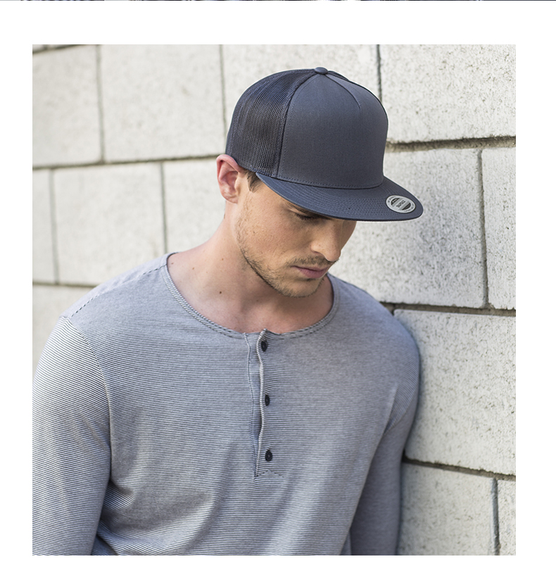 FLEXFIT Men's Imported Baseball Cap Summer Mesh High-Top Sun Protection Five-Panel Flat Brim Ins Trendy Mesh Hat 8