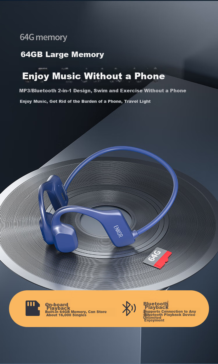 ENKOR EB100 Bone Conduction Headphones Bluetooth Wireless Earphones for Running, Cycling, Swimming IPX8 Waterproof 64GB Memory MP3 Compatible with Apple, Huawei, Xiaomi Phones 10