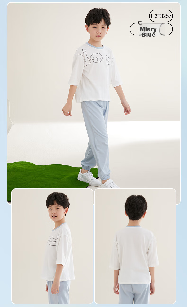 Hodo Children's Pajamas, Cotton Short-Sleeve Thin Summer Air Conditioning Wear, Boys And Girls Home Wear, Cool-Feeling Set, 3257 Mublan, Size 130 13