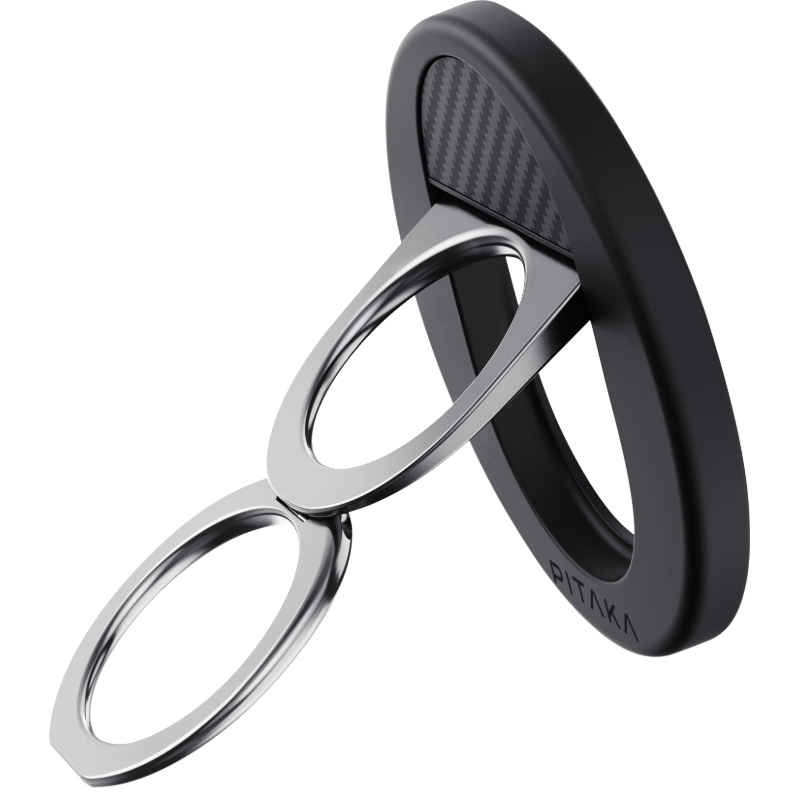 PITAKA Magnetic Phone Ring Stand, MagSafe Compatible, Retractable, Slim Kevlar Aramid Horizontal And Vertical Support, Lazy Desktop Portable Ultra-Thin Detachable Back Clip, Vertical Screen, Black And Gray