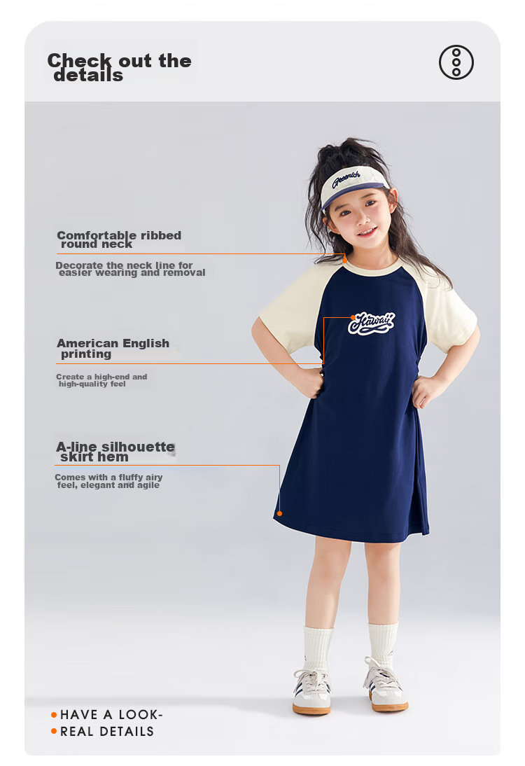 QQ DUCK Children's Clothing Girls' Short-Sleeve Dress Baseball Dress Youth Clothing Holiday Sports Dark Blue; 160 8