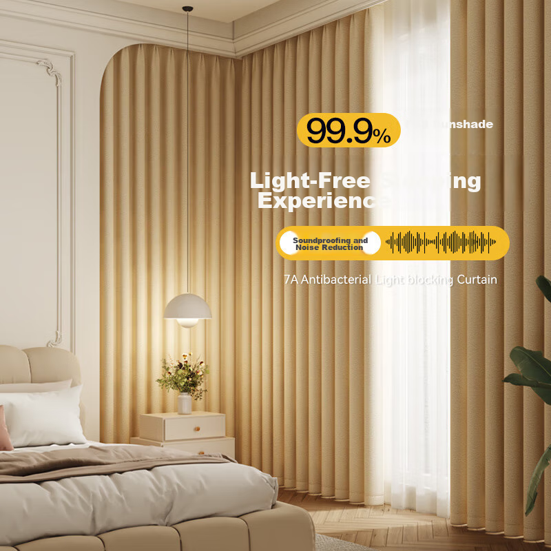 Jinchan Curtains for Home Use, Blackout, Bedroom And Living Room, Antibacterial Soundproof, Full Blackout Curtains with Hooks, Cream Color, 180*270
