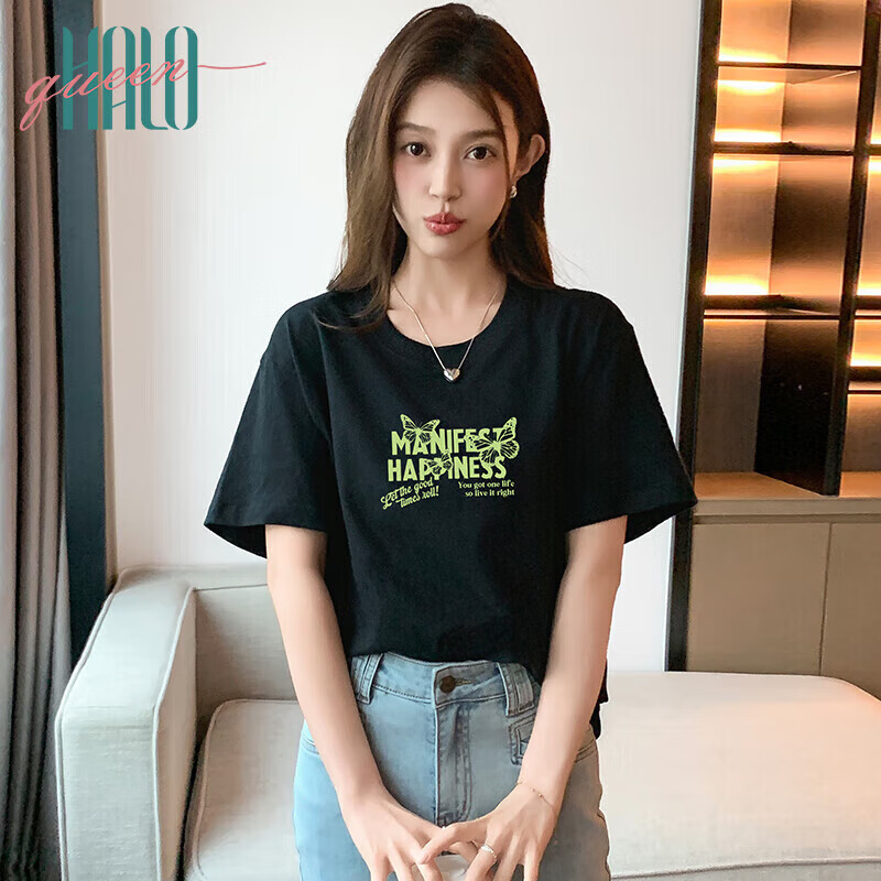Halo Queen Women's Short-Sleeve T-Shirt, Summer Undershirt, Inner Layer Top, Trendy Letter Print, Loose-Fitting T-Shirt, H143T1418
