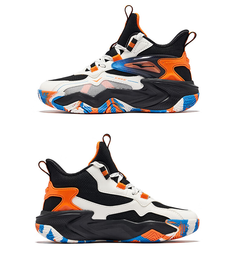 ERKE Children's Basketball Shoes for Spring, Boys' Lace-Up Shock-Absorbing Sneakers, Micro-Crystal White/beeswax Orange, Size 39 46