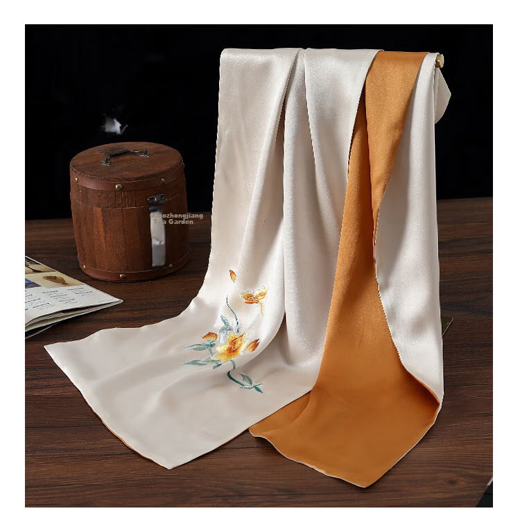Shanghaigushi Silk Scarf for Women, Double-Layer Embroidery, 100% Mulberry Silk, Gift Box for Mom on Mid-Autumn Festival, Birthday Present, Purple And White 37