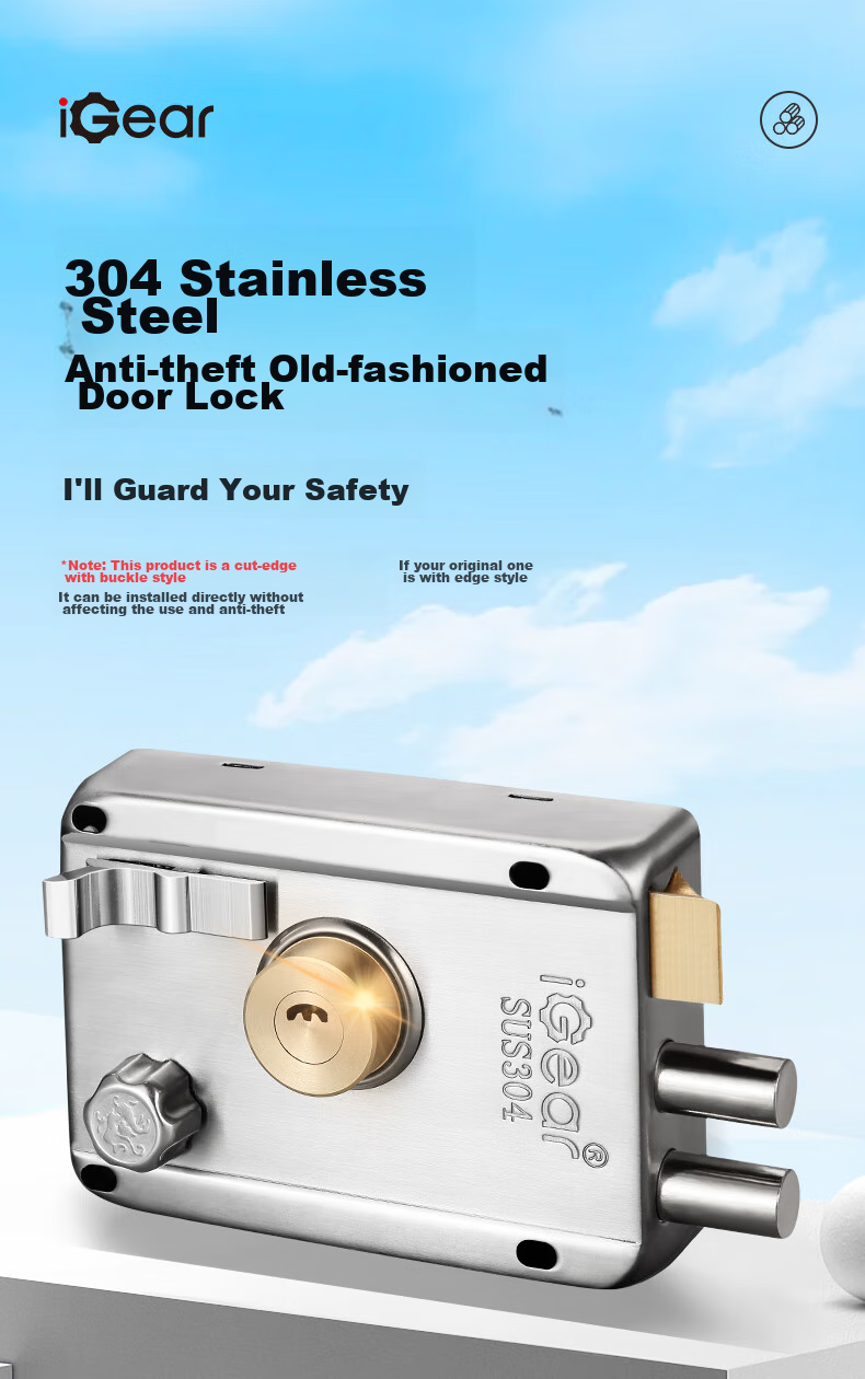 IGear Old-Style Door Lock, B-Grade Anti-Theft Exterior Door Lock, 304 Stainless Steel Wooden Door Iron Thickened Lock Body, Indoor Door Lock, Brushed Right Opening 1