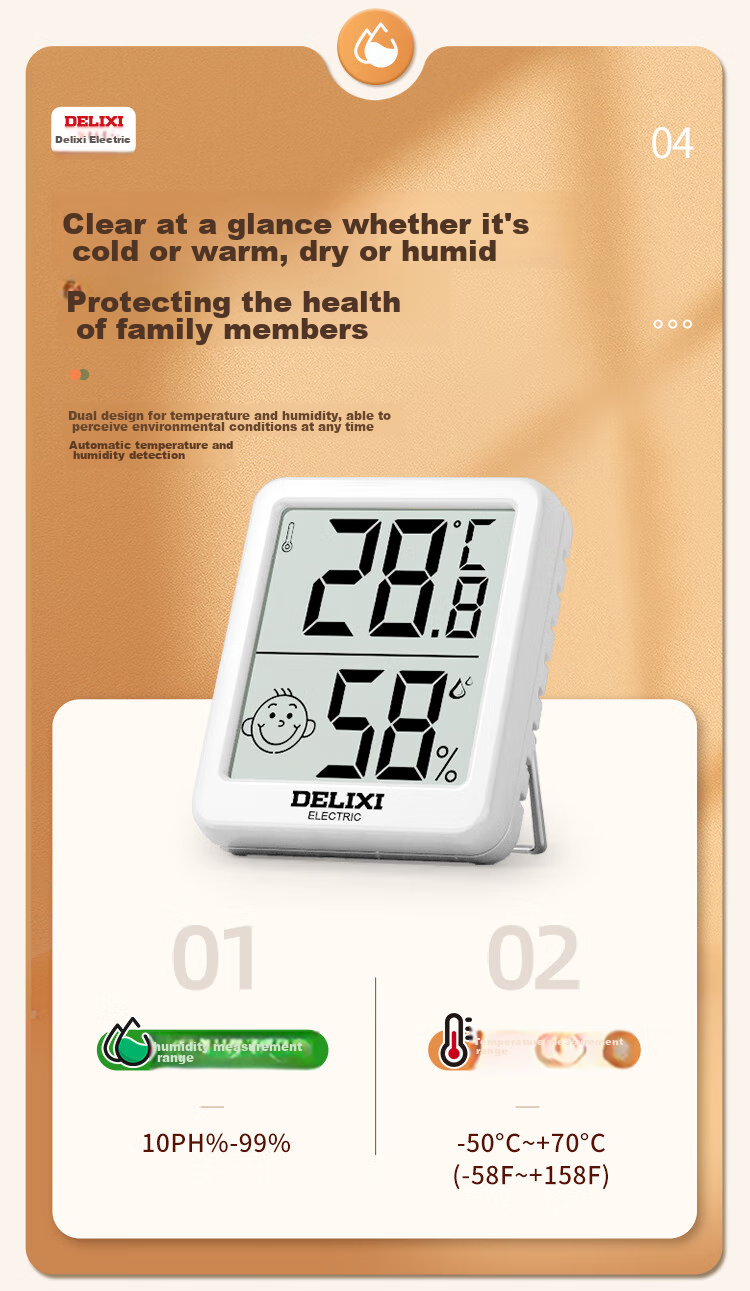 DELIXI ELECTRIC Electronic Thermometer for Indoor, Car, Office, Home, Bathroom, Baby Room, Digital Display High-Precision Wall-Mounted Temperature And Humidity Meter 6