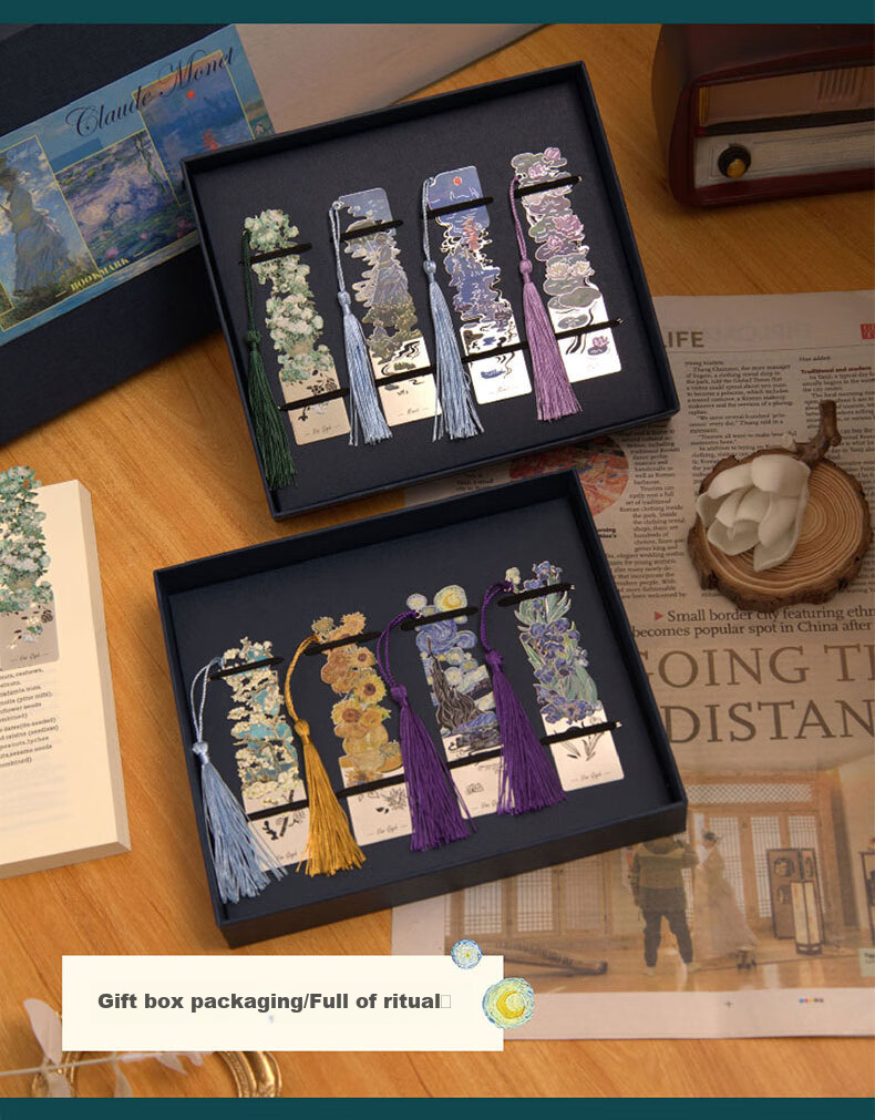 Shiluode High-Quality Tassel Metal Bookmarks, 4 Pieces, Birthday Gift Book Clips for Friends, Famous Painting Gift Bookmarks, Souvenirs, Van Gogh Oil Painting 4