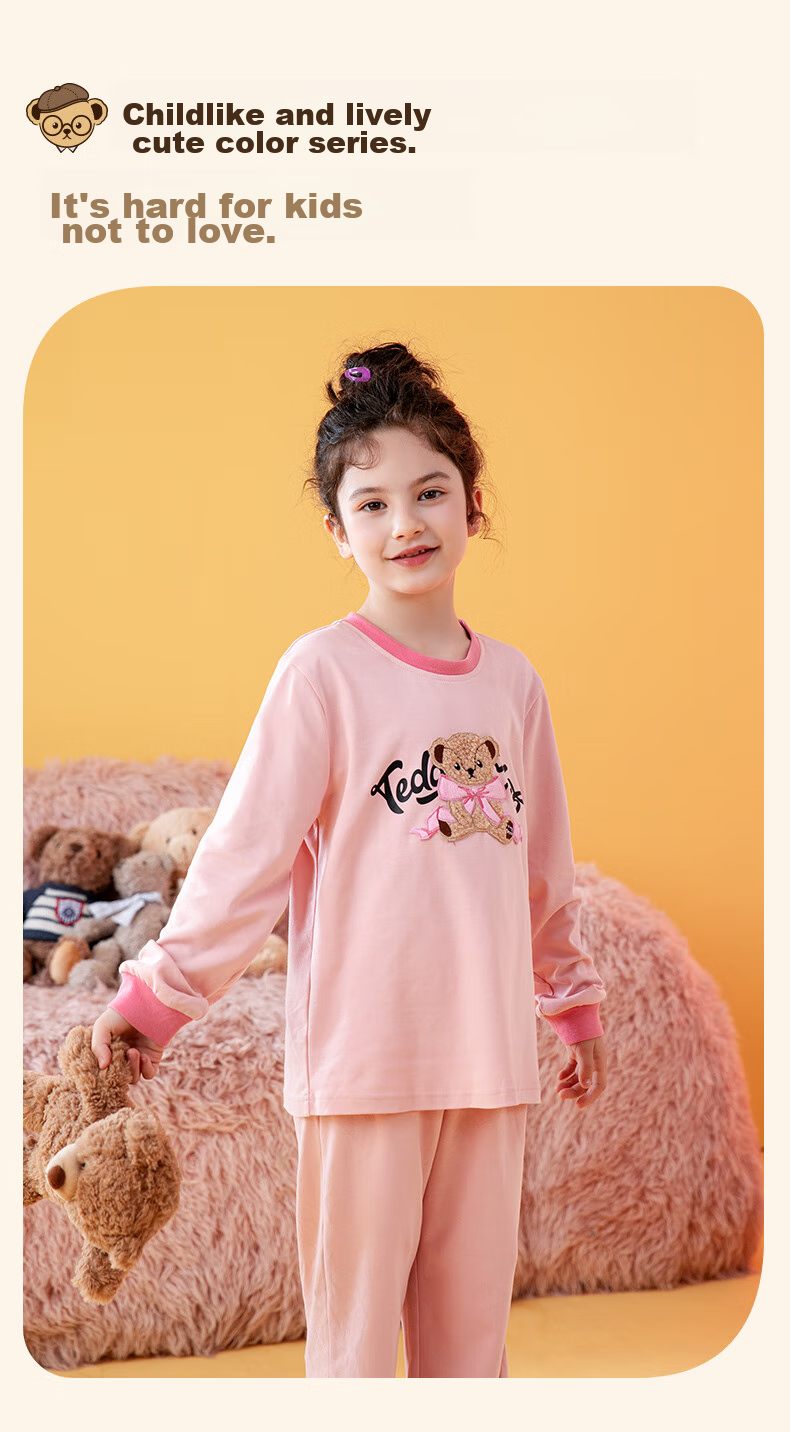 Fenteng Children's Pajamas, Girls' Brown Bear And Cony Rabbit Co-Branded Pure Cotton Sleepwear for Older Childre 5
