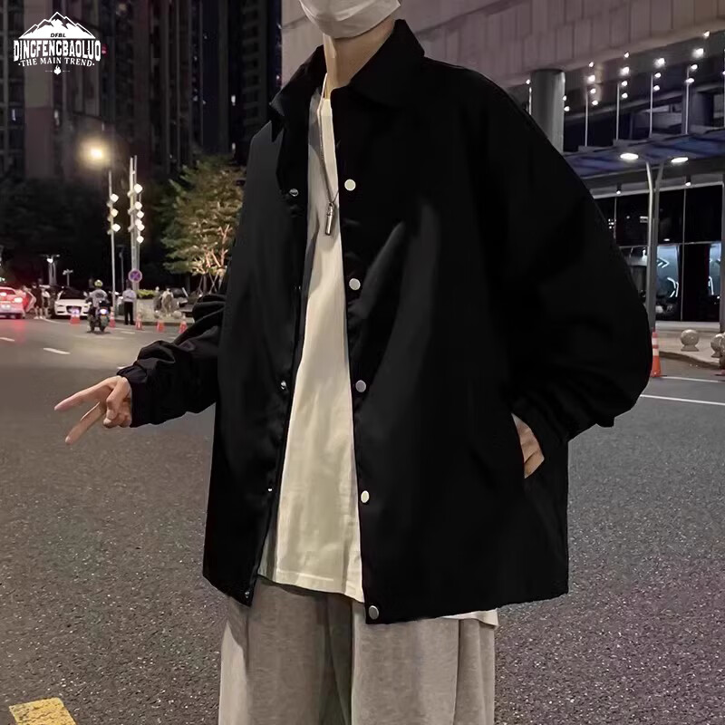 Dingfengbaoluo Lapel Jacket for Men, Spring Windproof Lightweight Coat, Loose Versatile Baseball Jacket Top DFM12 Black M