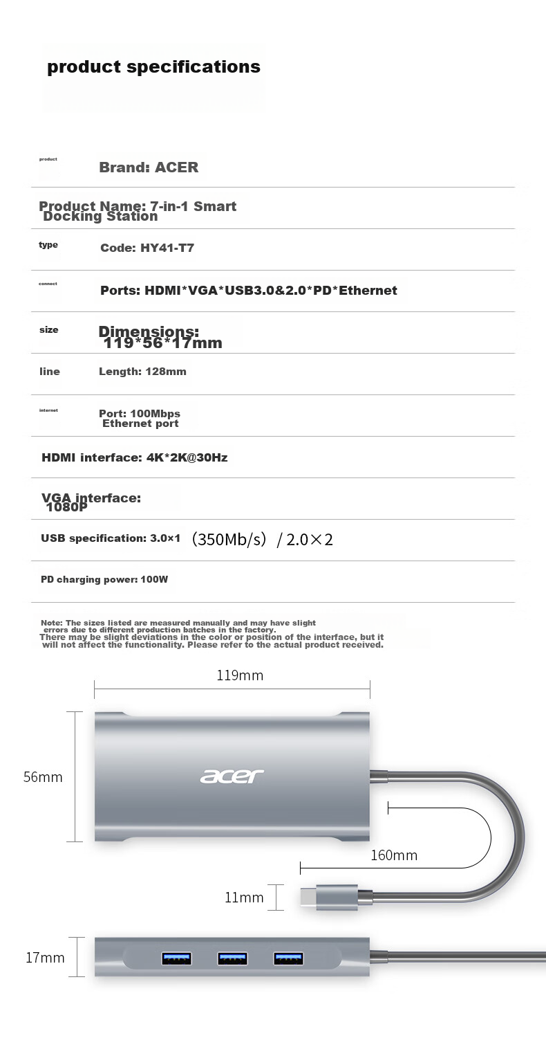 Acer Type-C 7-In Expansion Dock USB Hub HDMI/VGA/LAN Port Compatible with Laptops MacBook, Huawei Adapter Converter 15
