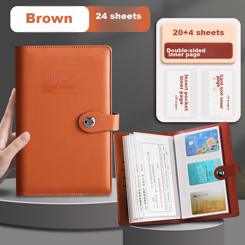 Jiaranheng Multi-Functional Deposit Book Organizer, Waterproof Large Capacity Collection Folder for Bank Large Denomination Paper Deposit Slips And Cards, A6 Size, Brown Color