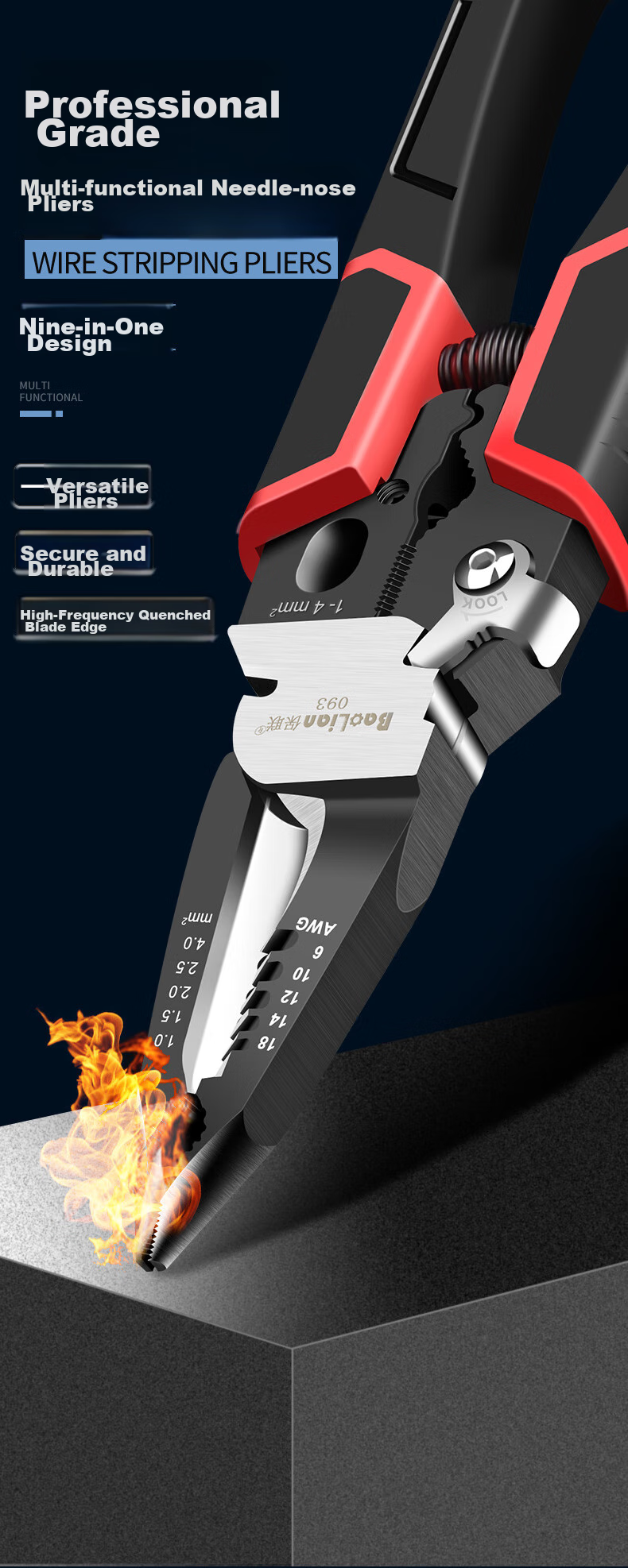 Baolian 9-In Multifunctional Wire Stripping Pliers, Electrician's Needle-Nose Pliers, Wire Stripper, Cable Peeler, Wire Cutter, Versatile Electrician's Specialized Tool 1