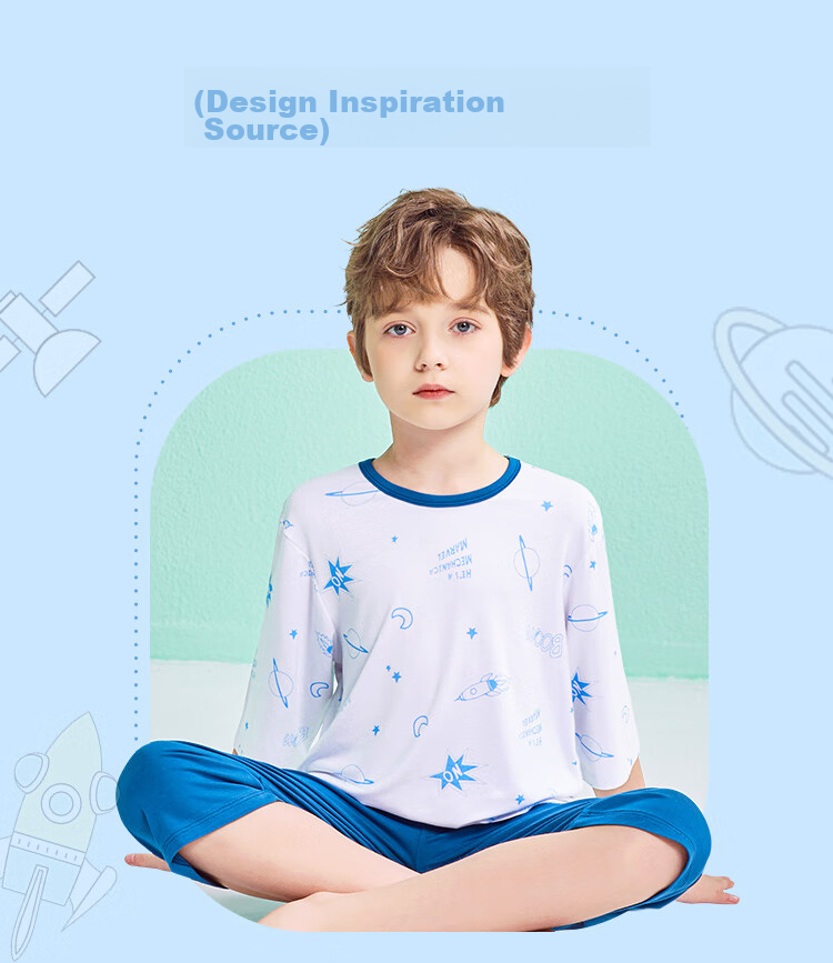 LangSha Children's Pajamas, Boys' Summer Thin Modal Sleepwear, Youth Three-Quarter Sleeve Home Wear Set, Blue, Size 120 2