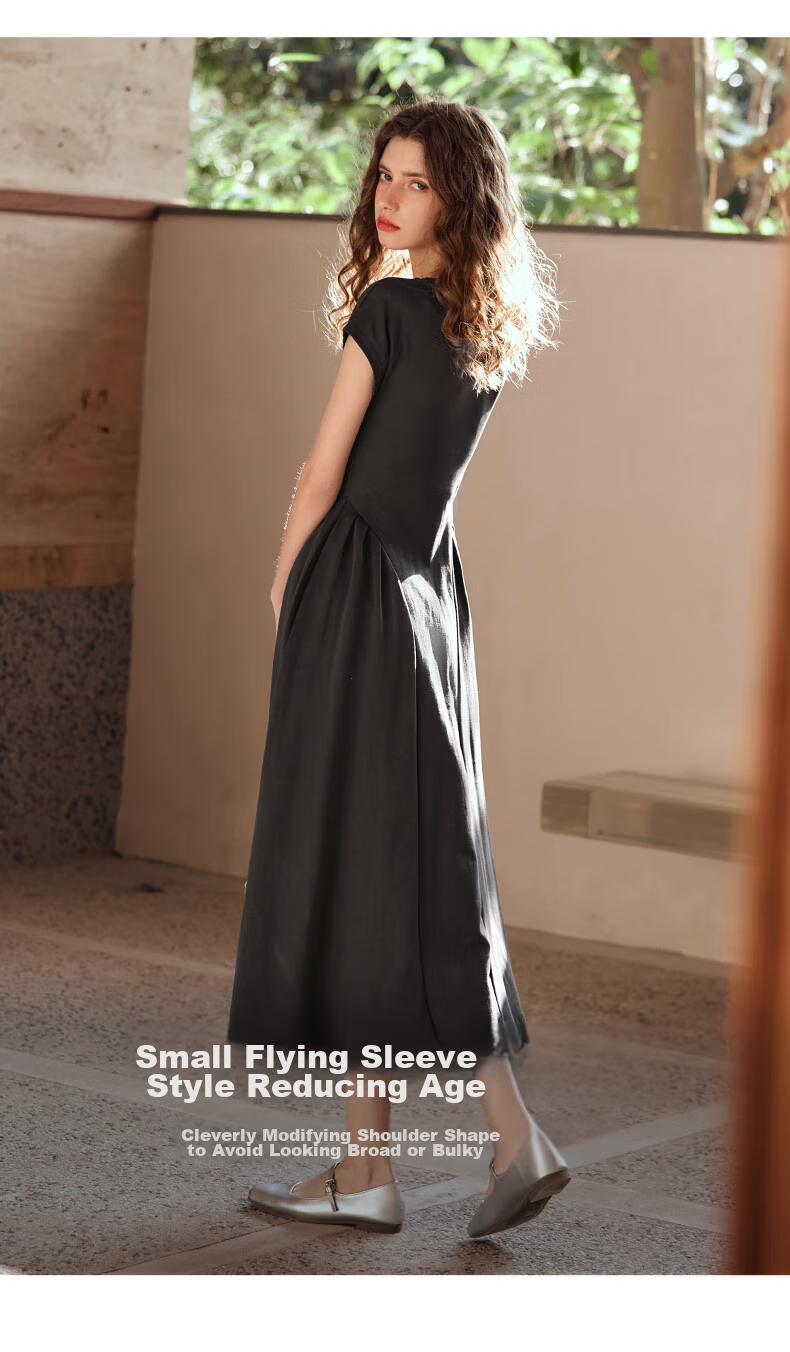Olrain French-Style Elegant V-Neck Dark Gray Dress for Women, Summer Waist-Cinching A-Line Hem Audrey Hepburn Style, Dark Gray, Size L 22