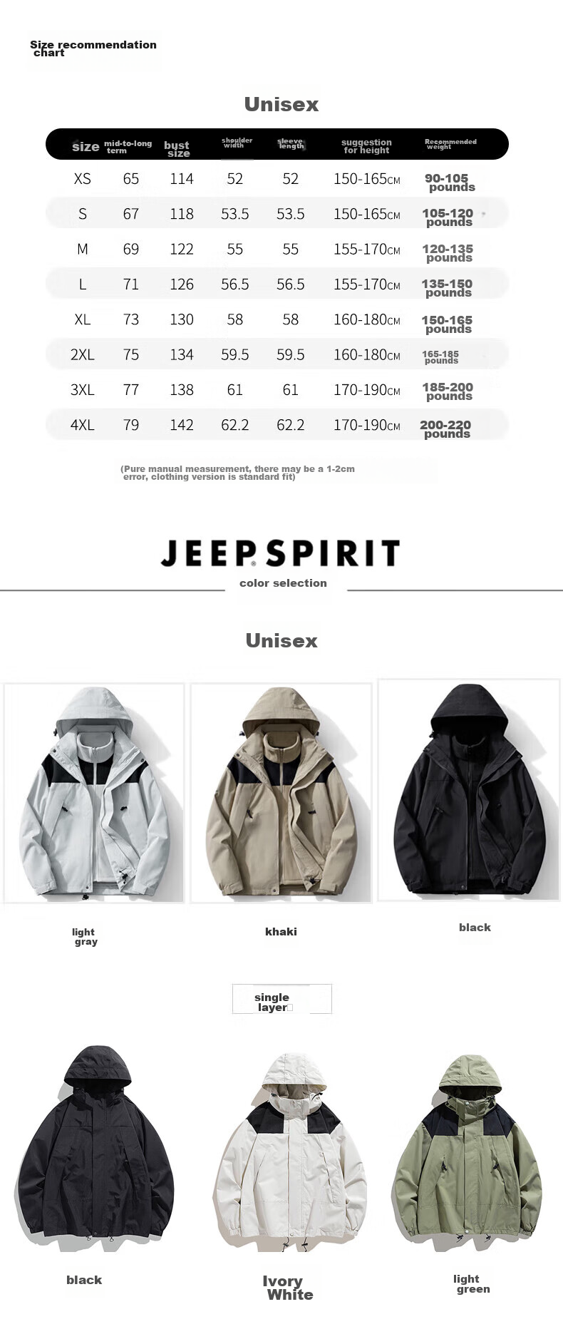 JEEP SPIRIT Windproof And Water-Resistant Single-Layer Outdoor Jacket for Men And Women, Warm Mountaineering Coat 11